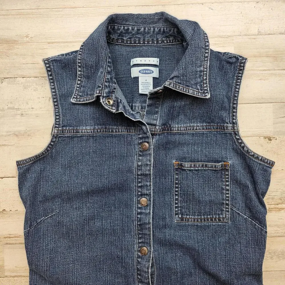 Old Navy Women’s Sleeveless Collared Denim Button Up Shirt Dress Sz 4 Cotton - Picture 2 of 6